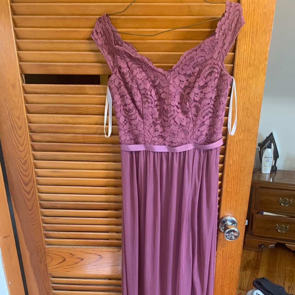 David’s bridal off the shoulder mulberry dress.